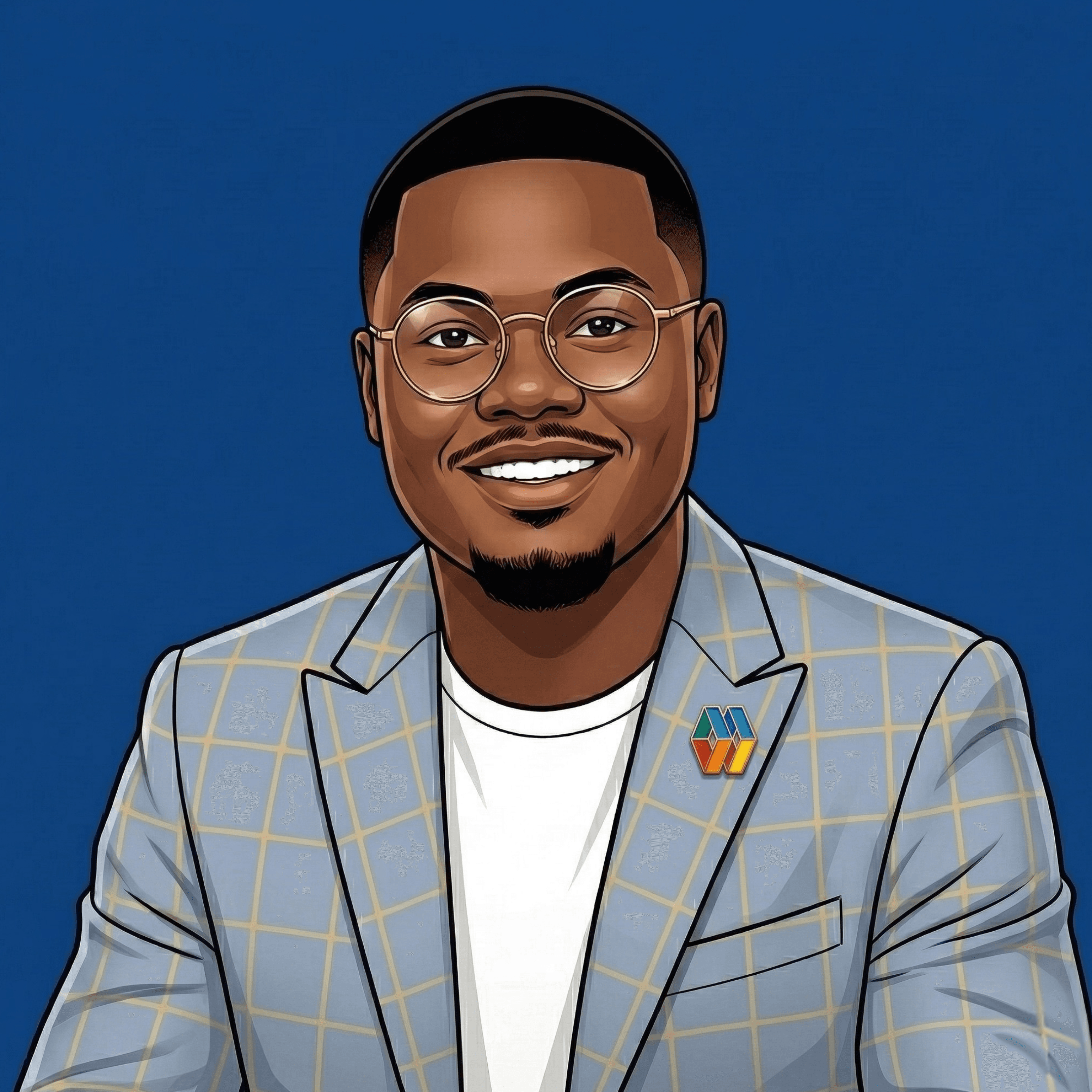 Portrait illustré de Joey Valcin portant des lunettes et un veston bleu clair à carreaux sur fond bleu profond.