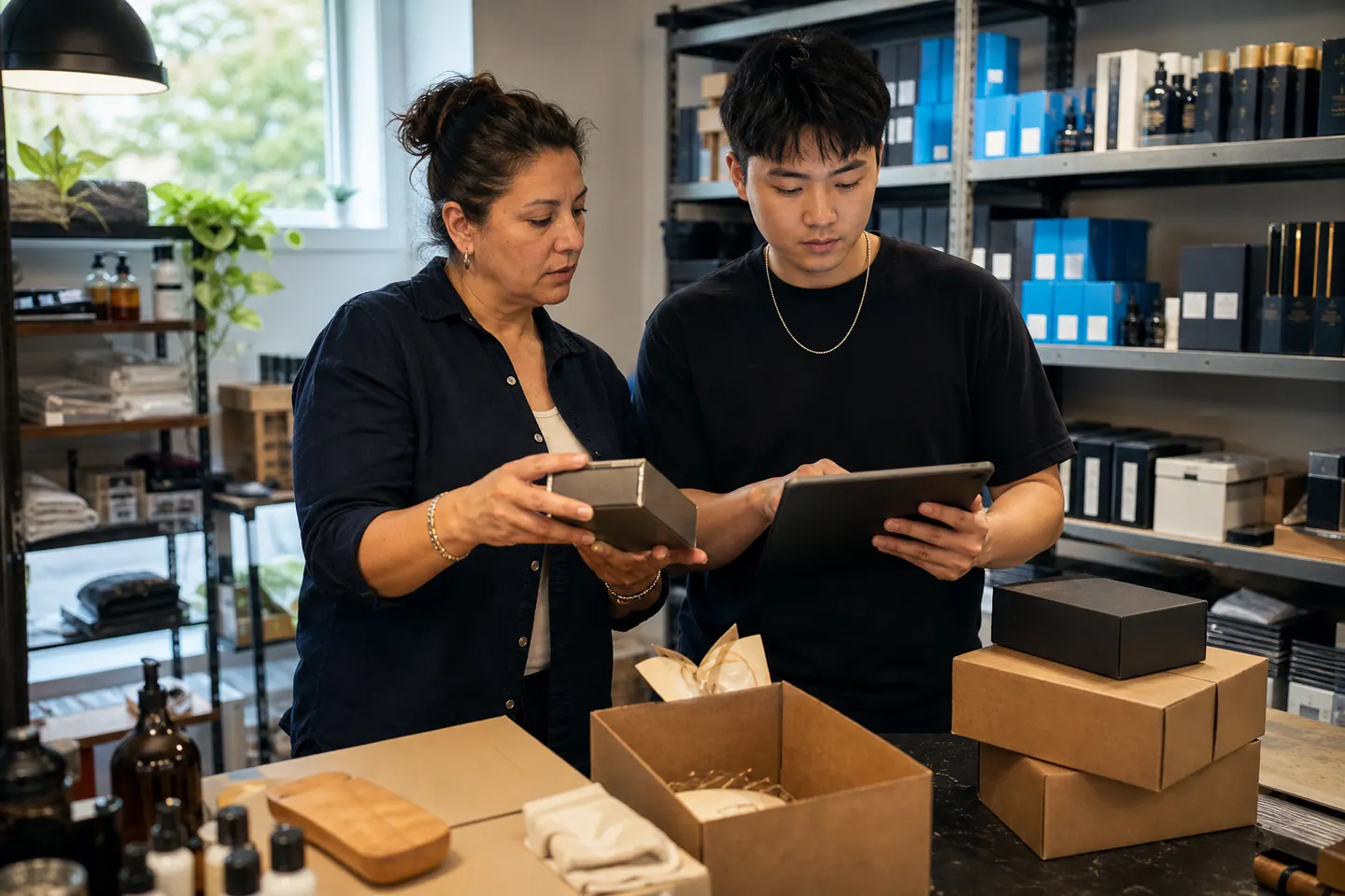 Propriétaire de commerce et employé qui comparent une commande avec l’inventaire disponible.