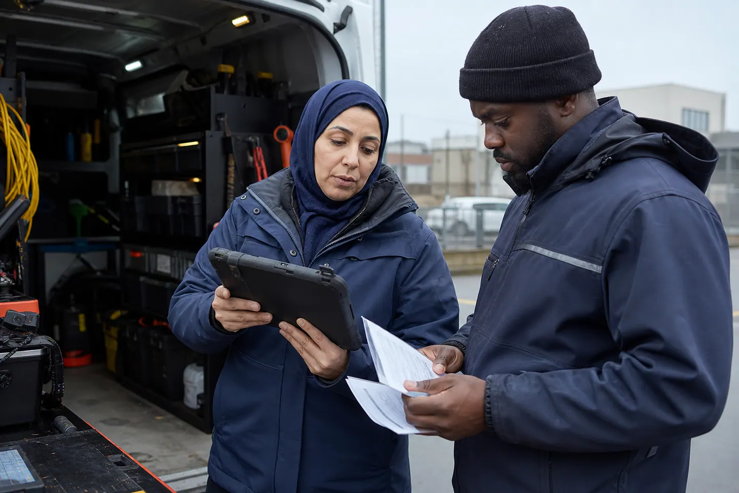 Superviseure terrain et technicien qui examinent les affectations et les dossiers de travail.