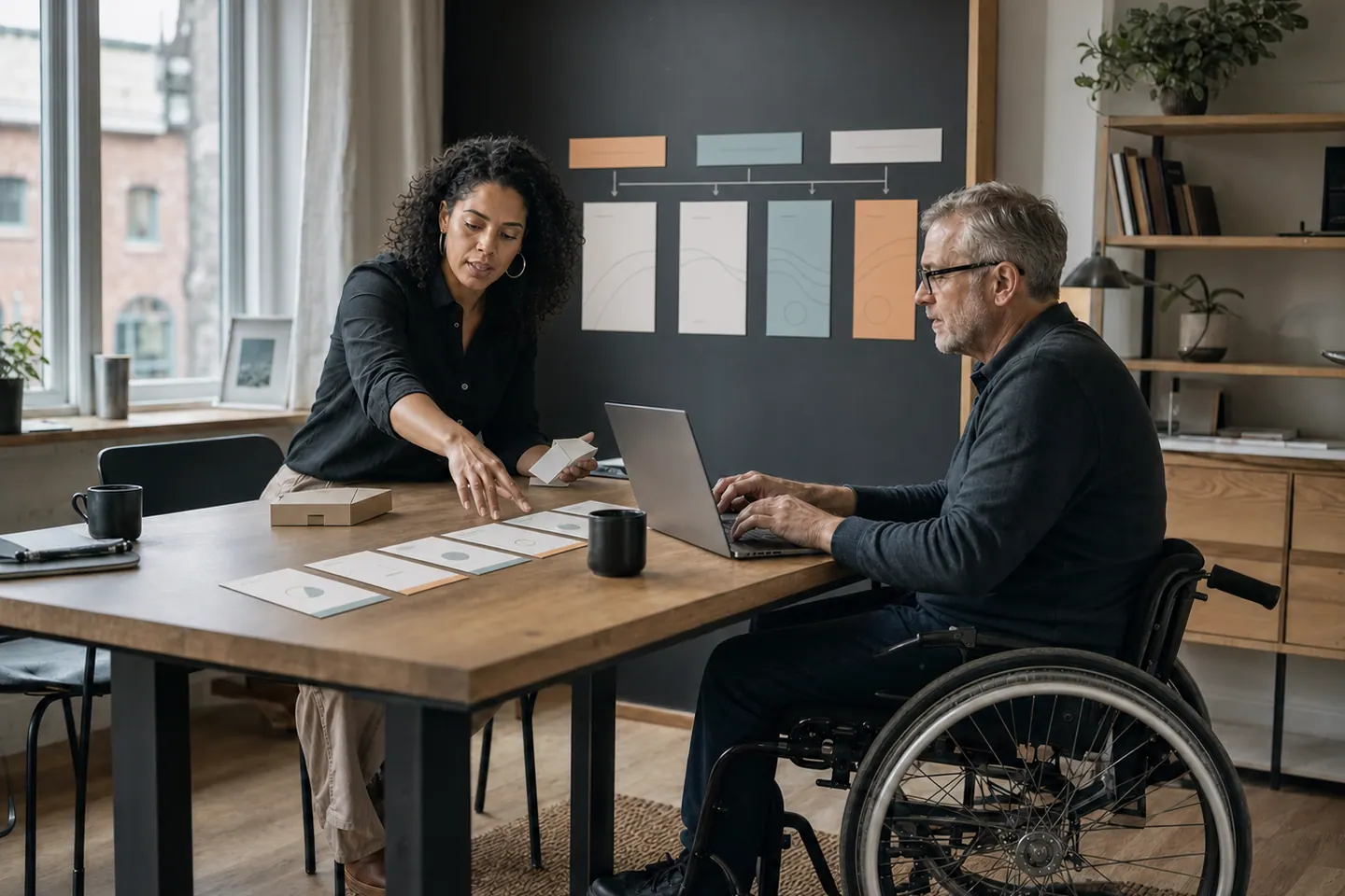 Une fondatrice et un conseiller en fauteuil roulant qui valident un parcours de produit numérique avec un portable et des cartes de planification.