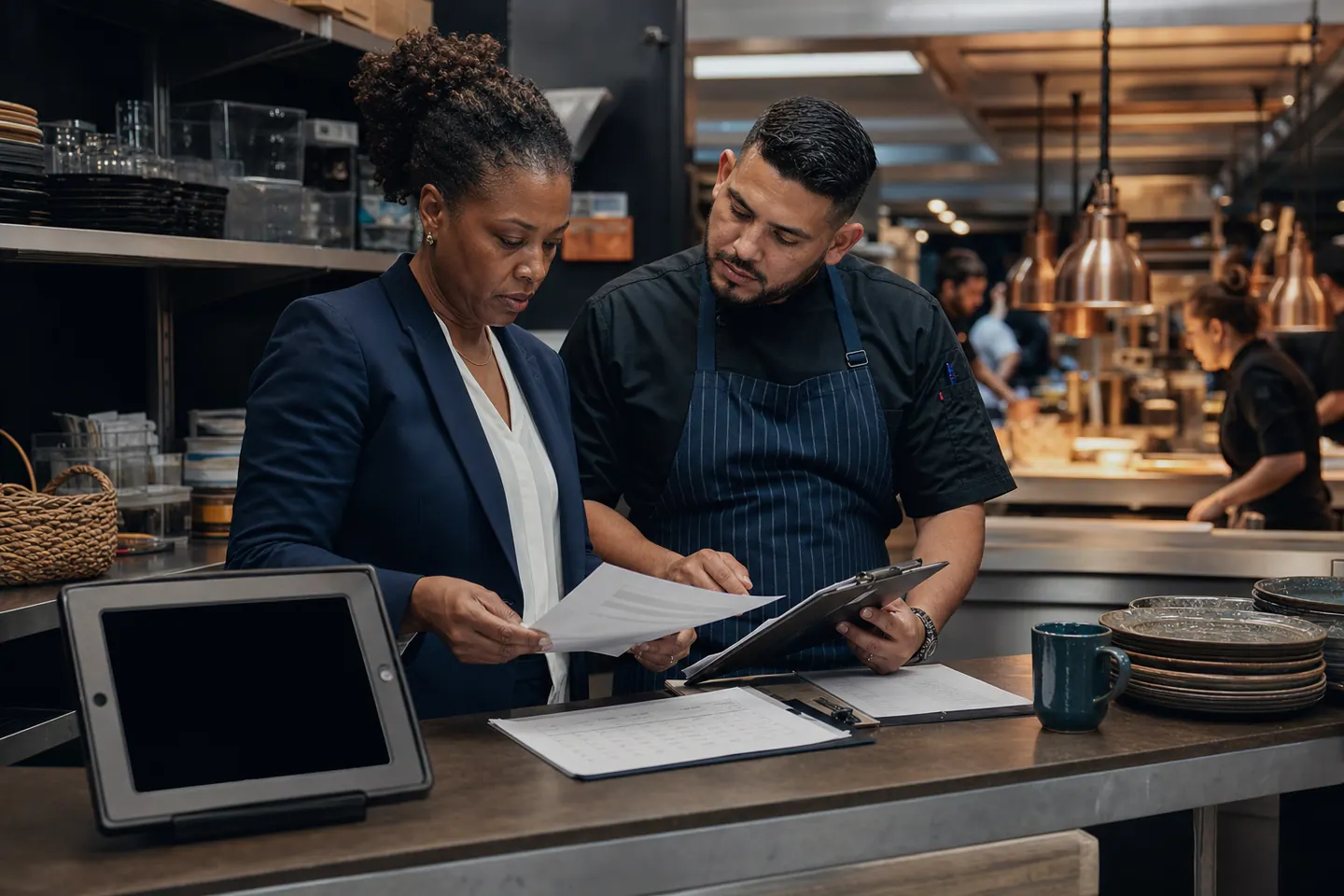 Gestionnaire de restaurant et responsable de cuisine qui examinent l’administration du service.
