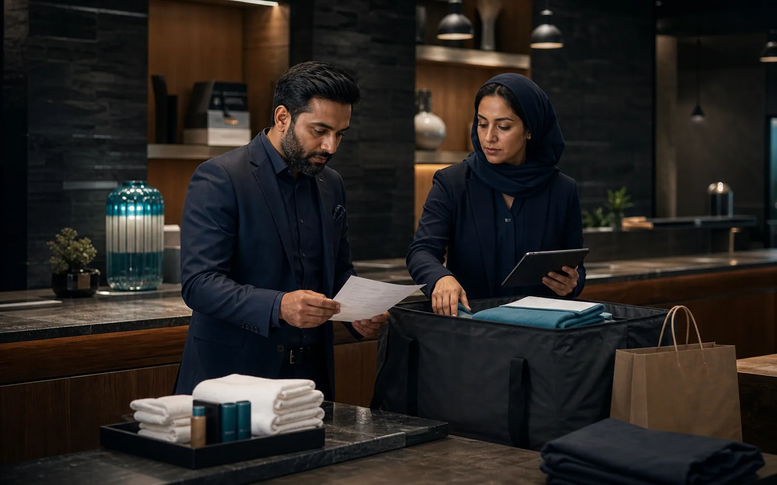 Conceptual service leaders connecting a client request to fulfilment with documents and a tablet.