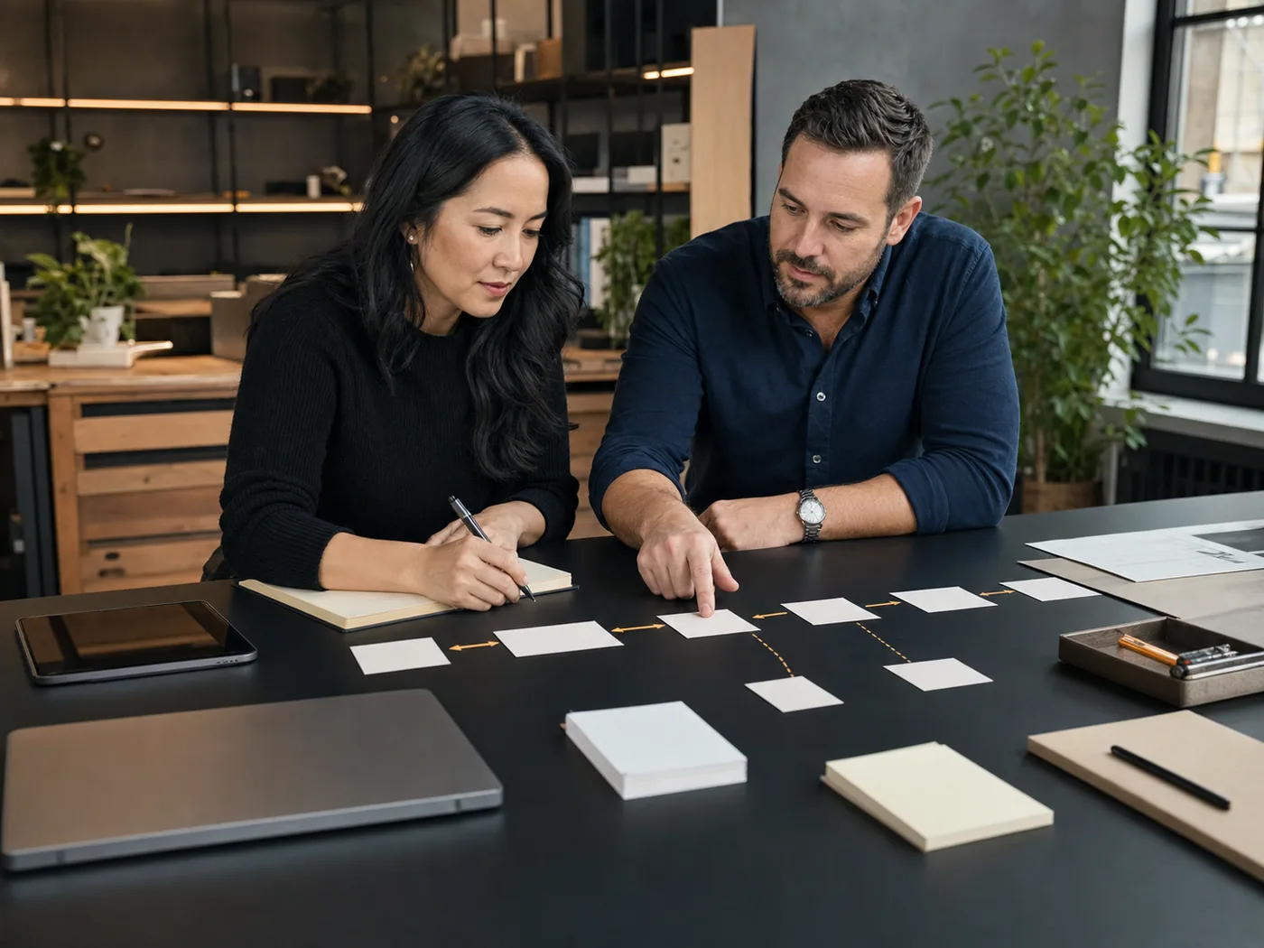 Scène éditoriale conceptuelle de deux responsables de PME qui cartographient un processus avec des cartes vierges et conviennent de la prochaine amélioration.
