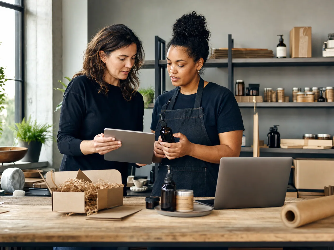 Conceptual editorial scene of two product-business operators comparing a physical product with a digital catalog while preparing an order.