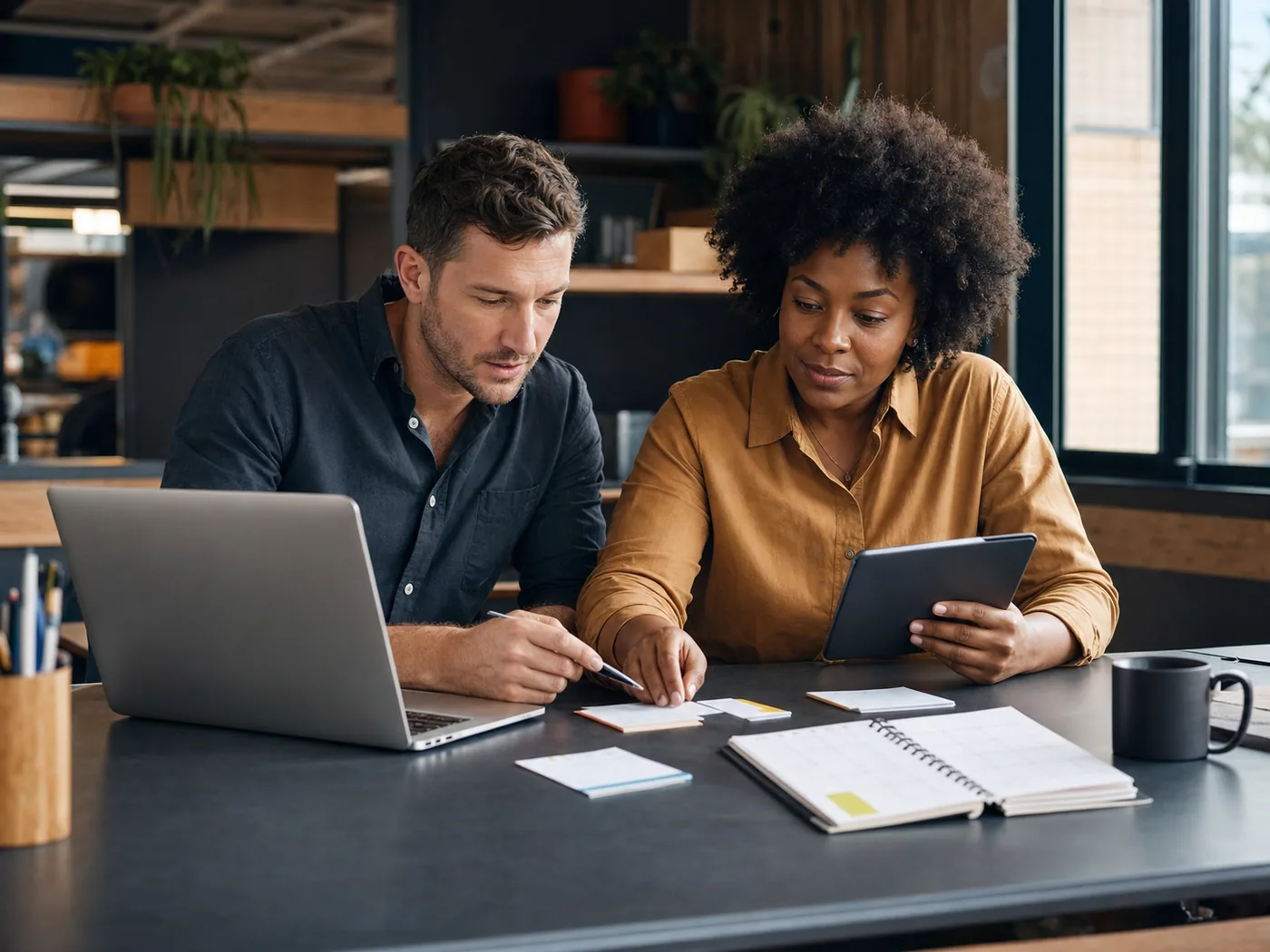 Conceptual editorial scene of a small-business manager and coordinator organizing requests, appointments and follow-up at one workstation.