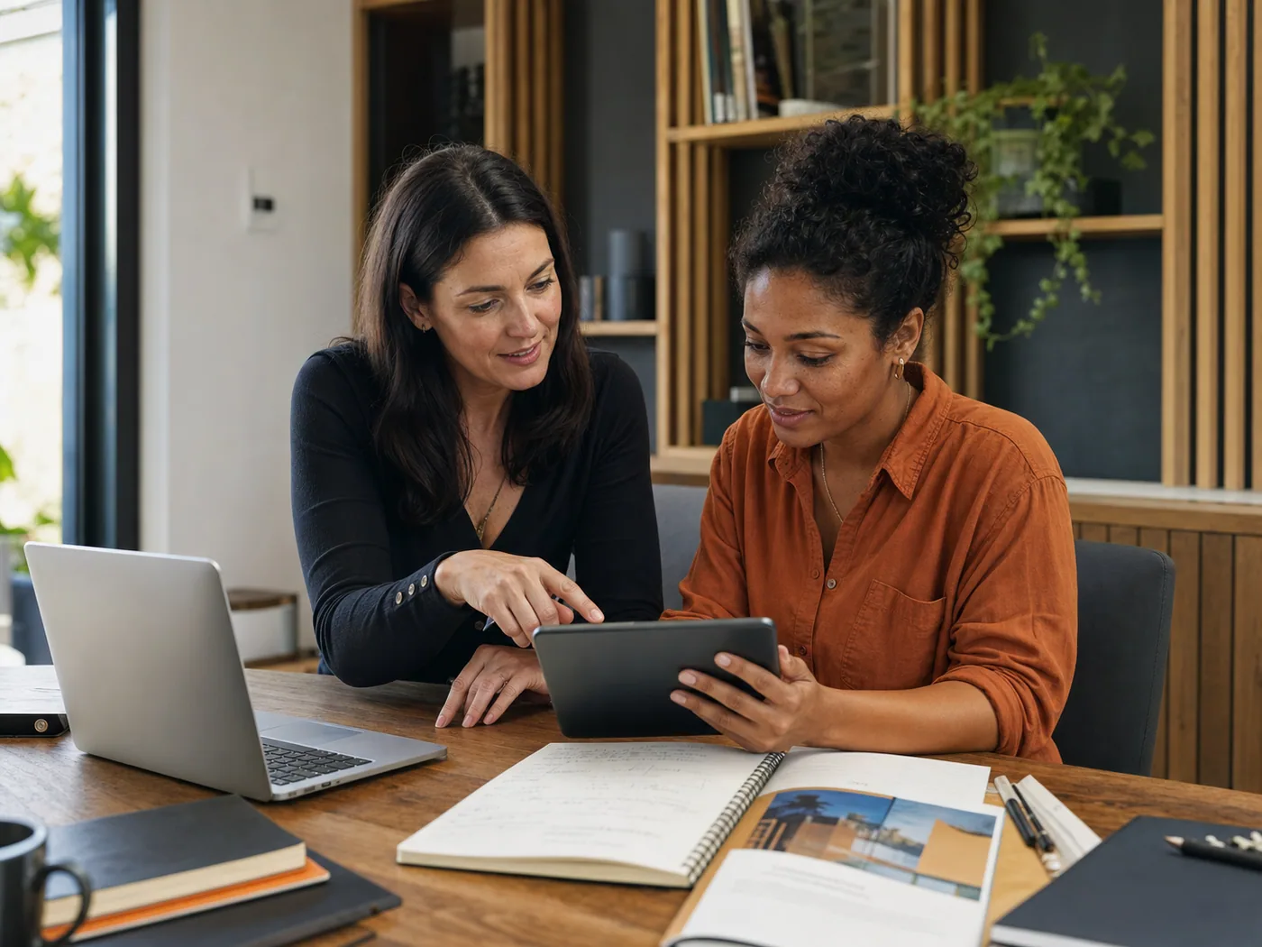 Conceptual editorial scene of a program mentor guiding a member through access and progress using a tablet.